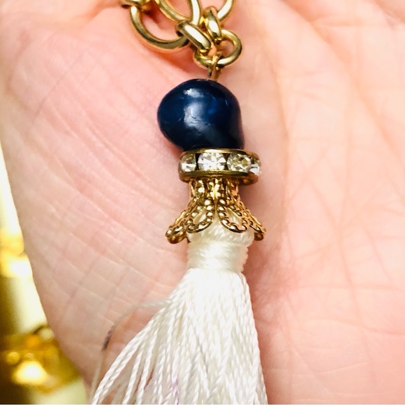 Tassel String Tie-dye Blue Stone Pendant Choker Necklace Gold Tone Color Chain - Picture 4 of 4